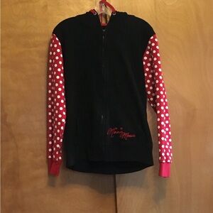 Minnie Mouse Disney red polka dot and black zip front hoodie/sweatshirt.